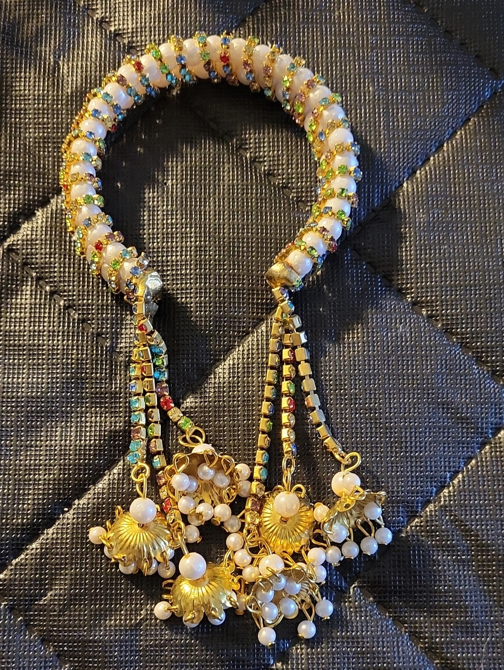 Gold-Tone Pearl and Multicolor Stone Indian Style Bracelet